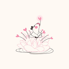 Cute outline lovely capybara sitting inside lotus flower. St. valentines day card romance line art illustration