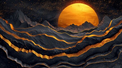 Luxurious mountain line art background with gold accents for cover design. Elegant wallpaper, mountains, sun, moon. Gold lines, texture