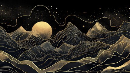Luxurious mountain line art background with gold accents for cover design. Elegant wallpaper, mountains, sun, moon. Gold lines, texture