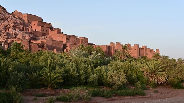Kashbas of an oasis town sorrounded by palm trees in the Sahara Desert, Ait Ben Haddou in Morocco