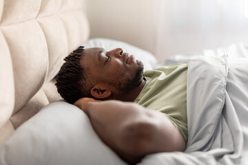 Obraz na płótnie Canvas Side view of peaceful black millennial man deeply asleep indoor