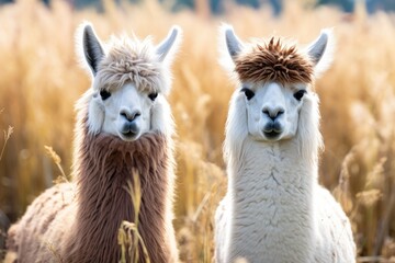 A photo of a couple of llamas standing side by side in a field.