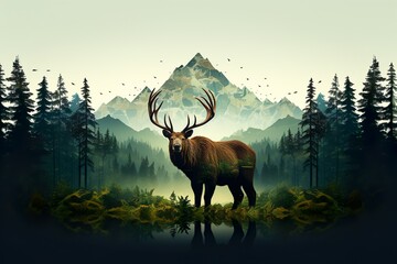 wide angle shot of moose in forest generative ai - obrazy, fototapety, plakaty