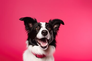 A photo of a black and white dog with its mouth open, displaying its teeth and tongue.