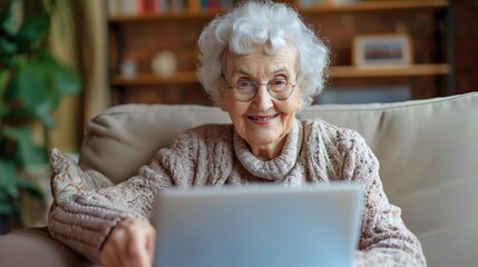 Elderly woman sitting on a sofa or couch in the living room at a house or home, and using a laptop computer device. Old female person relaxation, smiling and holding a notebook, indoors grandma - obrazy, fototapety, plakaty