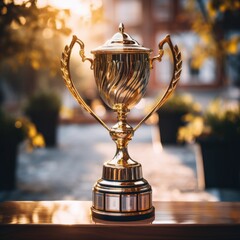 Gold award trophy against bright blurred lights