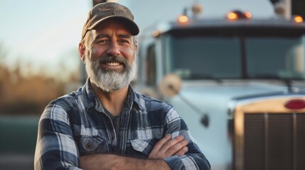 Professional senior male truck driver, wearing a shirt and a hat, standing with his arms crossed in front of the truck on the road, smiling at the camera. Trucking transportation job worker, happy man