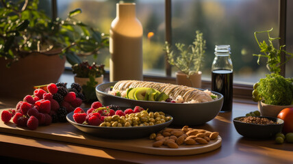 Mindful Eating Wellness Retreat: Healthy Food Table with Fresh Grapes, Mixed Berries, and Nuts on...
