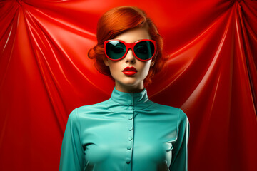A young woman in sunglasses and a turquoise leather jacket on a red background.