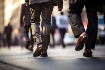 Busy Urban Professionals Walking on City Street During Rush Hour. Low Angle View of Businesspeople's Shoes in Motion, Business District Concept