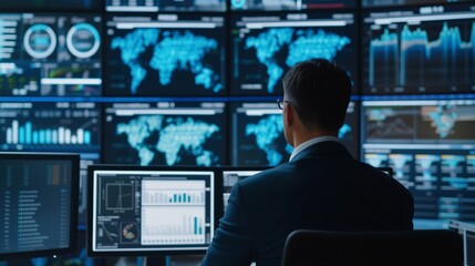 Global Financial Monitoring,  A professional work on screens displaying various global financial data, market trends, and world maps, symbolizing a high-tech approach to finance and marketing. 
