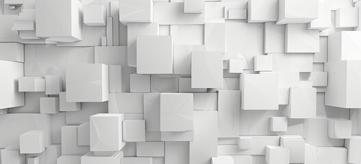 The backdrop features an array of white cube boxes arranged in a random shift, adding depth and interest to the design.