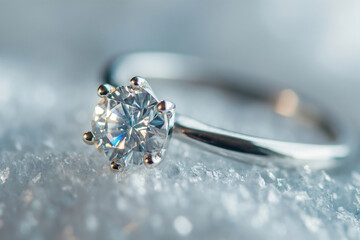 Luxury jewelry. White gold or silver engagement ring with diamonds closeup, selective focus. Female wedding accessories, ring with stone extreme closeup