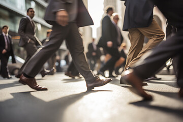 Busy Urban Professionals Walking on City Street During Rush Hour. Low Angle View of Businesspeople's Shoes in Motion, Business District Concept