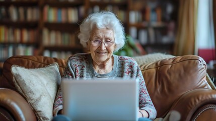 Elderly woman sitting on a sofa or couch in the living room at a house or home, and using a laptop computer device. Old female person relaxation, smiling and holding a notebook, indoors grandma