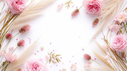 Fresh pink tea roses and pampas grass on a white background with copyspace