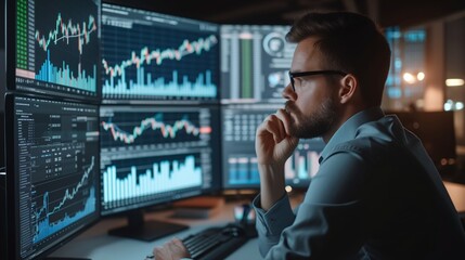 Digital screen, featuring graphs, static and data analysis. A male people analysing candlestick charts and financial indicators to forecast market movements and identify trading opportunity. - obrazy, fototapety, plakaty