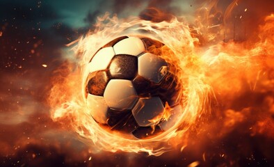 Naklejka premium A soccer ball is engulfed in flames, creating a dramatic and intense scene.