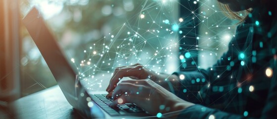 A person using their laptop, while a number of digital lines are shown, in the style of blurred forms, futuristic settings, dotted, light silver and dark navy, geodesic structures