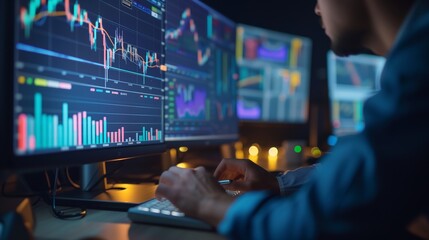 Digital screen, featuring graphs, static and data analysis. A male people analysing candlestick charts and financial indicators to forecast market movements and identify trading opportunity.