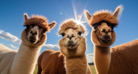 Fototapeta premium A group of llamas, with their long necks and shaggy fur, stand closely together in a spacious field.