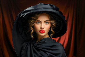 Close-up of a young blonde woman in a black dress and black hat.