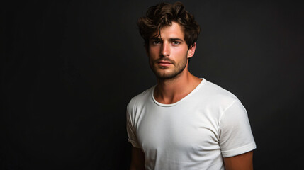 Fototapeta premium Portrait of a Handsome Male Model Wearing a blank White T-Shirt mock up. Isolated on a Dark Colored Background