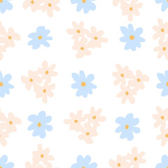 Simple delicate floral vector seamless pattern in pastel colors. Light pink, blue flowers on a white background. For fabric prints, bed linen, textiles.