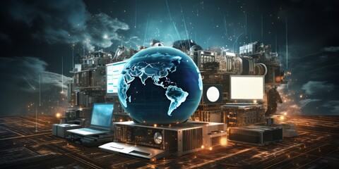 Active world trade, world market. Global electronics market illustration - obrazy, fototapety, plakaty