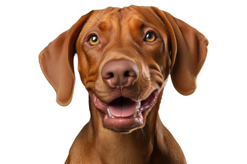 Cute dog or pet is looking happy isolated on transparent background. Brown vizsla young dog is posing