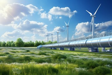 hydrogen pipeline of energy sector towards to ecology,carbon credit,Clean Energy,secure,carbon neutral,transformation,solar,power plant and energy sources balance to replace natural gas. - obrazy, fototapety, plakaty