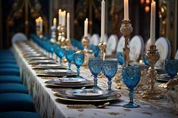 Elegant Dinner Table Setting with Candles and Blue Glassware