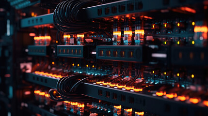 Fototapeta na wymiar Complex networking cabling in server racks