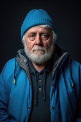 Obraz premium A bearded man wearing a blue hat stands confidently in front of the camera.