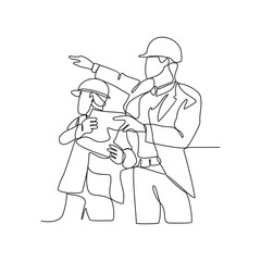 One continuous line drawing of construction engineer is direct discussion with workers on site vector illustration. A construction engineer is working in the site office illustration in simple linear.