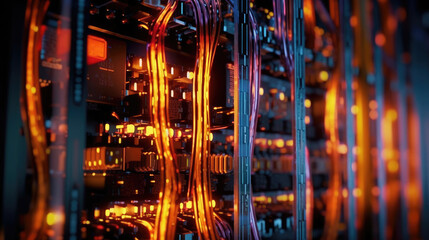 Obraz premium Complex networking cabling in server racks