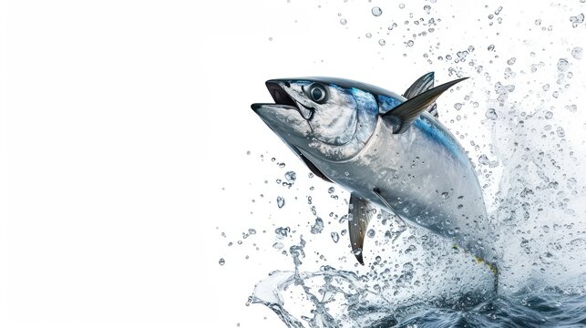 A tuna fish jumping out the water isolated on white background. AI generated image