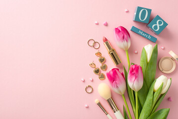 Obraz na płótnie Canvas March Glamour: top view chic display capturing essence of perfect lady with tulips, cube calendar set to March 8, eyeshadow, lipstick, brushes, jewelry, and tiny hearts on a pastel pink background