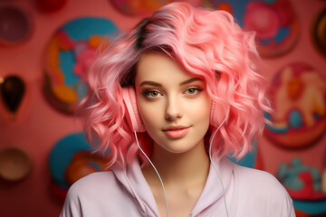 Naklejka premium Pretty woman with pink hair wearing headphones smiling on pink background.
