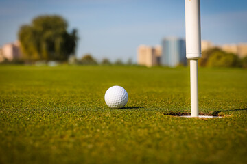 Golf ball and hole, course, hills, golf club, lifestyle.