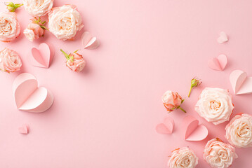 Celebrate your dazzling diva on Women's Day! A chic top view shot of tender rose blossoms and...