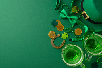 Raise a cheer at the pub this St. Paddy's: top view of two glasses of beer, leprechaun's hat, lucky...