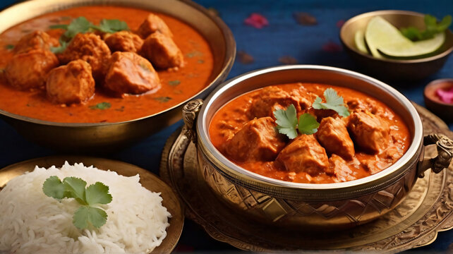 A close up of a delicious, spicy chicken tikka masala garnished with fresh herbs 