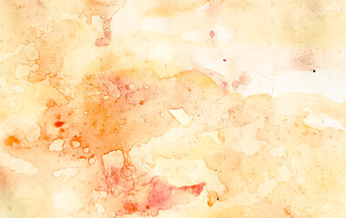 Watercolor abstract background in warm colors, shades of yellow, orange, red. Artistic surface with stains and paint stains. Design element for banner, poster, other. Hand drawn illustration.