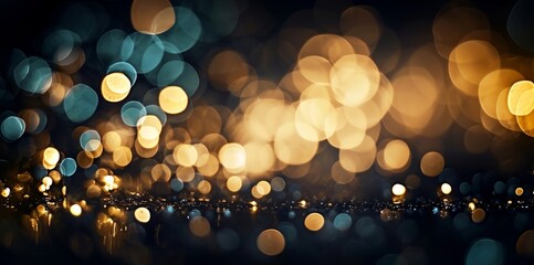black and gold bokeh, gold and silver, dark, depth of field, defocus, haze, golden lights, blue and gold background, luxury feeling, blue night lights, dark background, Generative AI 