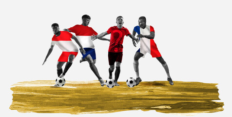 Fototapeta premium Competitive men, soccer players in motion representing team of Austria, Netherlands, France, Playoff winner A. Concept of championship, tournament. Group stage D of Euro 2024