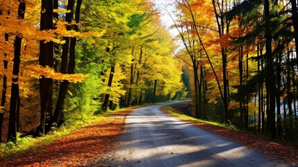 Rural road Among the forests in the autumn.