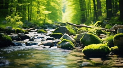 Naklejka premium Spring forest nature landscape, beautiful spring stream, river rocks in mountain forest.