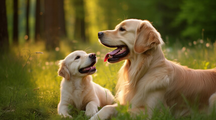 A golden retriever with his best friend, happy.
