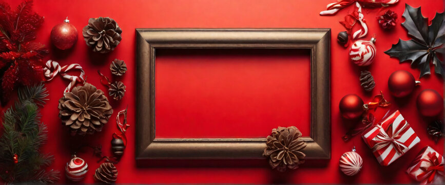 Christmas tree branches with wooden frame and decorations on red background for greeting card or design Gen AI